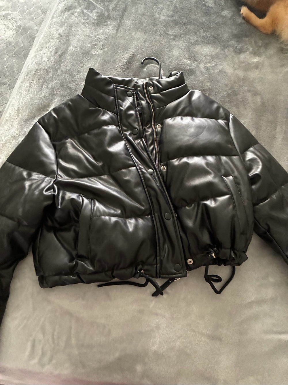 Women’s Black Faux Leather Puffer Jacket - Cropped Warmth